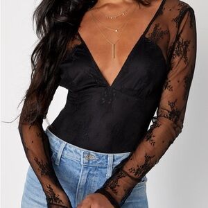 Lulus Sheer Black Lace Long Sleeve Bodysuit